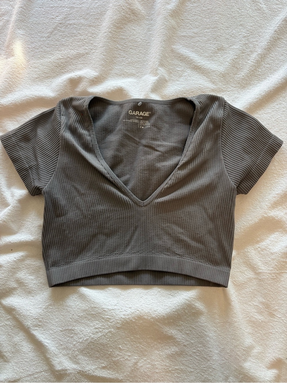 Garage Charcoal Ribbed V-Neck Crop Top